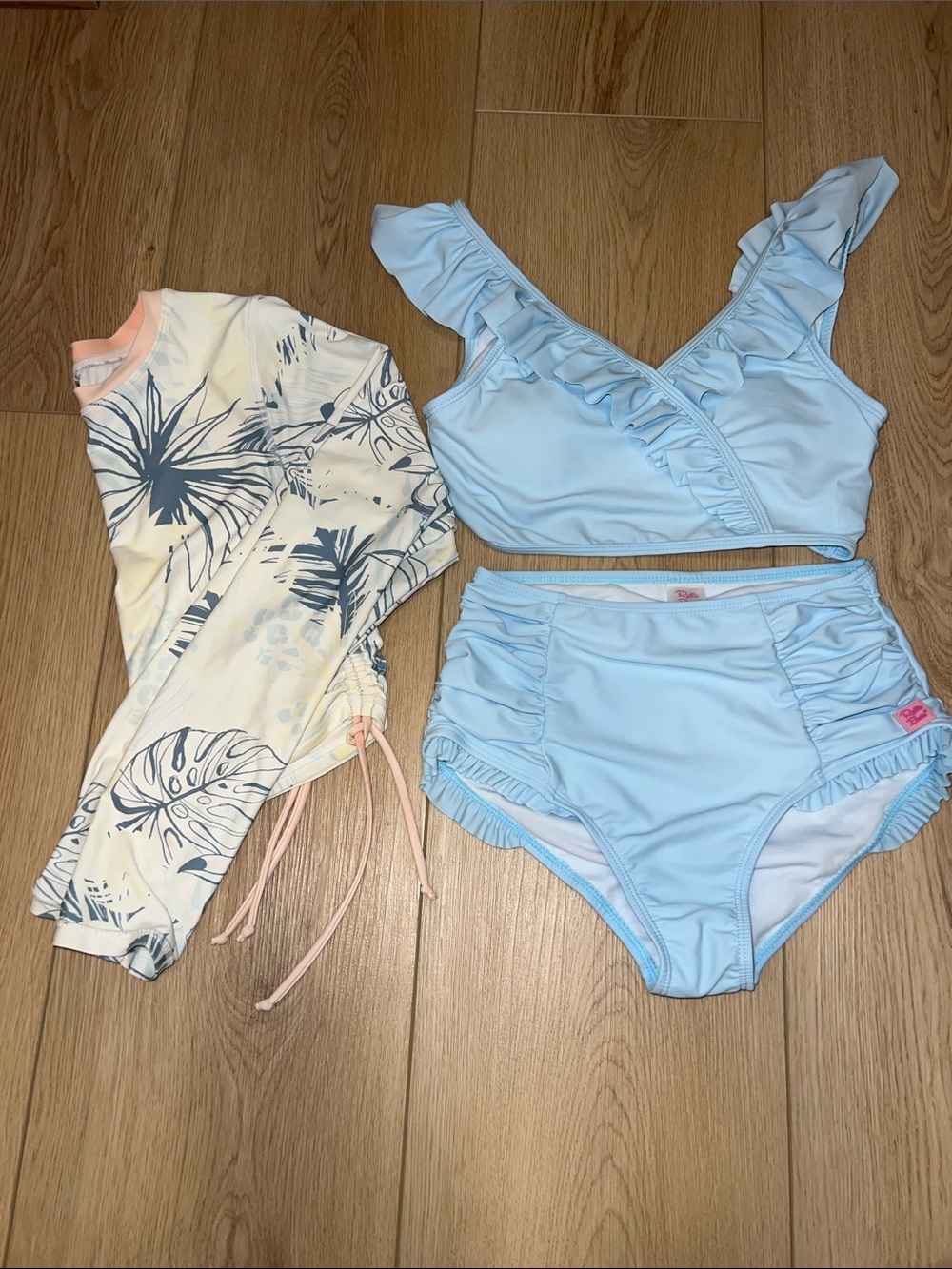 Girls' Light Blue Ruffle Bikini Set with Tropical Rash Guard